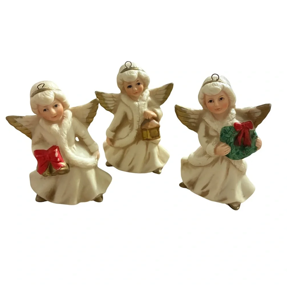 Vintage HOMCO Porcelain Angel Trio Christmas Ornaments 1960’s Ivory & Gold
